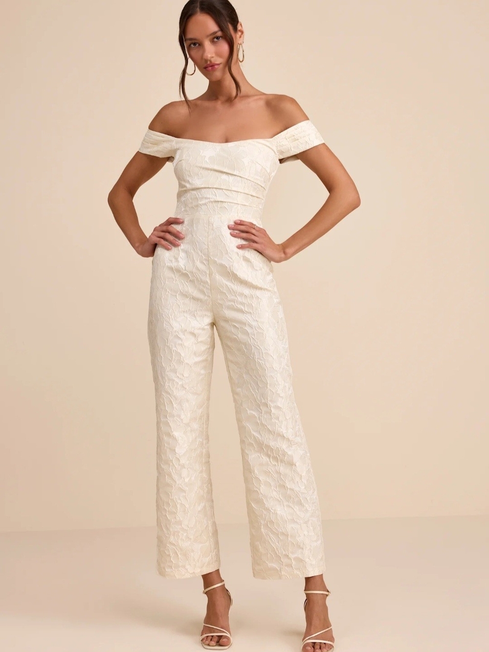 NWT Lulus Jaz Ivory Floral Jacquard Off the Shoulders Jumpsuit Women's L Wedding
